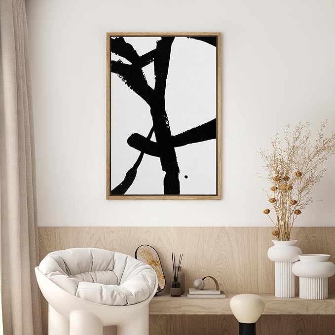SIGNWIN Framed Canvas Wall Art Organic Black Lines Painting Abstract Brushstroke Canvas Prints Home Artwork Decoration for Living Room,Bedroom - 24x36 inches
