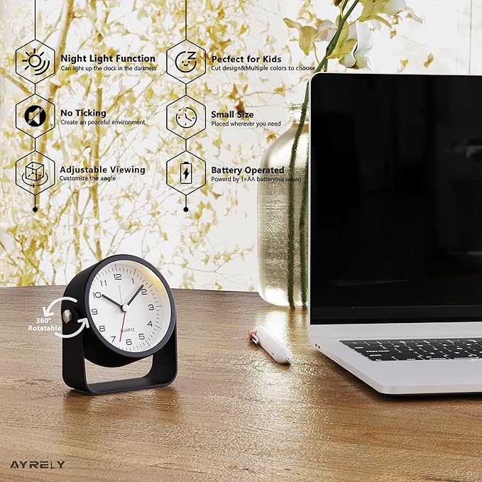 AYRELY® 3.5 Inch Small Analog Alarm Clocks,Battery Operated Desk Clock,Cute Table Clock with Light，Adjustable Angle for Travel,Bedside,Bedroom,Kids,Living Room Decor(Black)