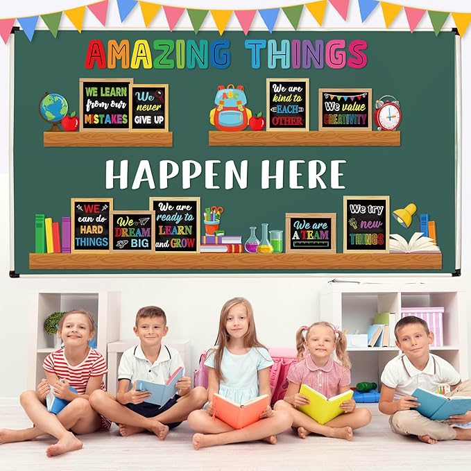 Qilery Bookshelf Bulletin Board Set, Amazing Things Happen Here Colorful Chalkboard Cutouts, Growth Mindset Inspirational Classroom Decor Posters, Back to School Elementary Teacher Supplies