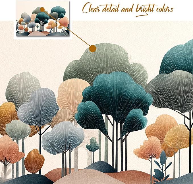 gaosoul Modern Abstract Canvas Wall Art Oil Painting Giclee Print of Geometric Forest in Teal Pink Amber with Black Trunks Serene Beige Background for Living Room Bedroom Decor Framed 30x20in