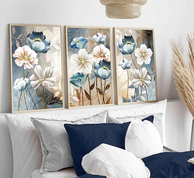 3 Pcs Modern Luxury Lotus Flower Canvas Wall Art White and Blue Floral Painting Pictures Wall Decor Posters Print Artwork for Living Room Bedroom Bathroom Office Home Decoration Unframed