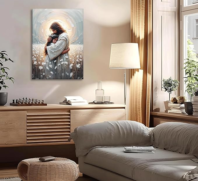 Christian Canvas Wall Art -His Love- Jesus Hugging Girl Painting Safe Haven Posters Bible Prints Jesus Picture Jesus with Children Wall Decor framed