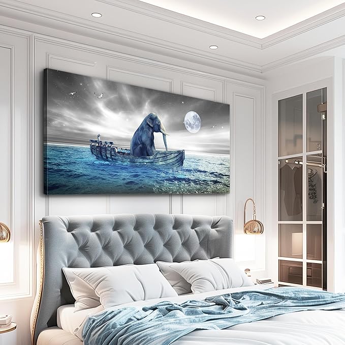 MHARTK66 Moon Beach Wall Art Prints- Modern Large Coastal Landscape Canvas Bedroom Blue Ocean Picture Relaxing Living Room Sea Scene Painting Elephant Boat Seascape Artwork Bathroom Office Home Decor