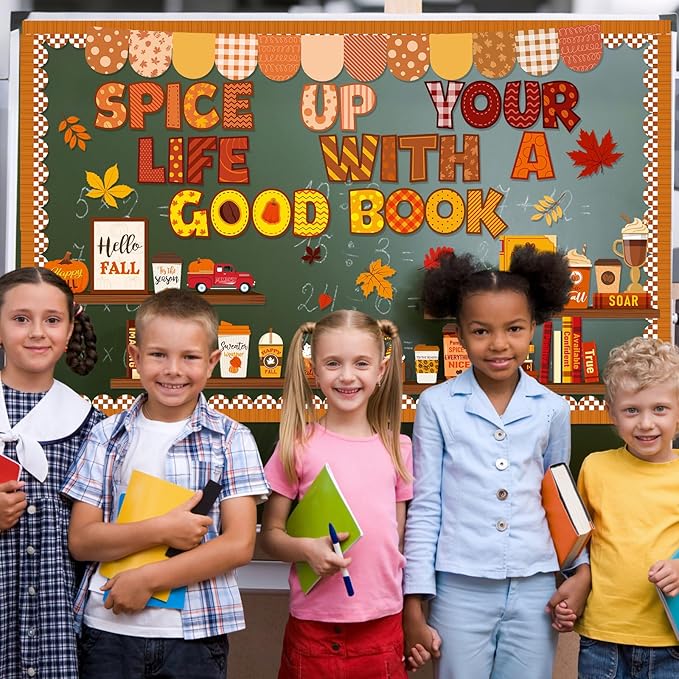 Pasimy Fall Thanksgiving Bulletin Board Decorations Bookshelf Reading Library Spice up Your Life with a Good Book Classroom Decorations Autumn Inspirational Fall in Love with a Good Book Cutouts