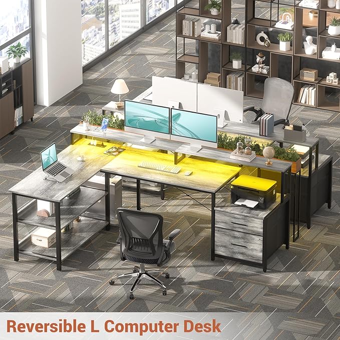 Aheaplus L Shaped Desk with File Drawer, 66" Reversible L Shaped Computer Desk with Power Outlet & LED Strip, Gaming Desks with Monitor Stand, Office Desk Corner Desk with Storage Shelf, White Oak