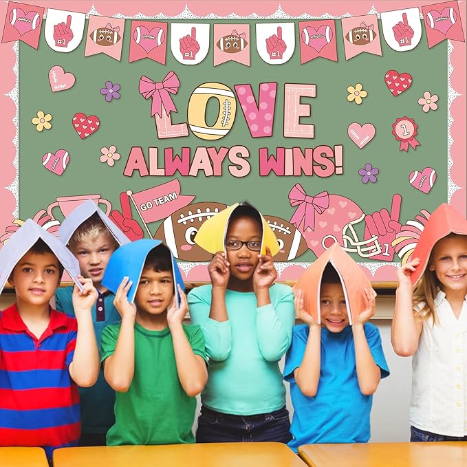 Valentine's Day Football Bulletin Board Valentine's Day Classroom Bulletin Board Pink Red Football Paper Cutouts Love Always Wins Classroom Decoration for School Home Office Chalkboard Wall Decor