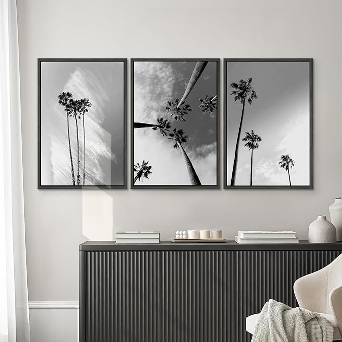 SIGNWIN 3 Piece Framed Canvas Wall Art Black and White Palm Tree Canvas Prints Home Artwork Decoration for Living Room,Bedroom - 16"x24"x3 Panels