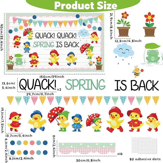Quark Quark Spring is Back Bulletin Board Spring Bulletin Board Decorations Set Yellow Duck Rainbow Umbrella Clouds Flowers Cutouts Back to School Supplies for Classroom Home Office Wall Door Decor