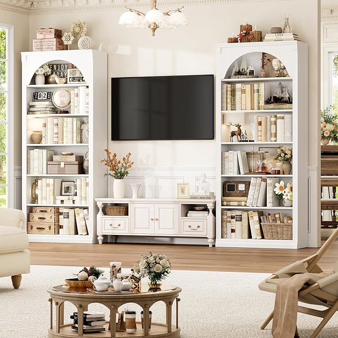 FACBOTALL 73" Tall Arched Bookcase and Bookshelf, Farmhouse Book Shelf with 6 Tiers Open Shelves, Arched Cabinet for Media CD DVD Storage, Wooden Tall Bookcase for Living Room, Home Office, White