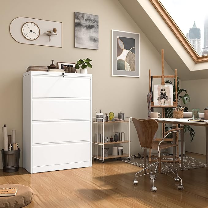 INTERGREAT 4 Drawer Lateral File Cabinet,White Lateral Filing Cabinet with Lock, 36" W Metal Steel Horizontal File Cabinets for Home Office, Easy Assembled