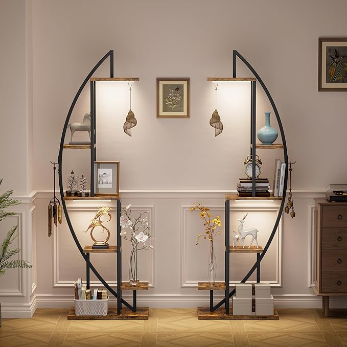 Bookshelf with Lights, 2 Pack Unique Bookshelves, 63" Ladder Tall Book Shelf, 6 Tier Arched Bookcase for Collectibles, Half-Moon Wide Display Book Stands for Bedroom Living Room, Rustic Brown