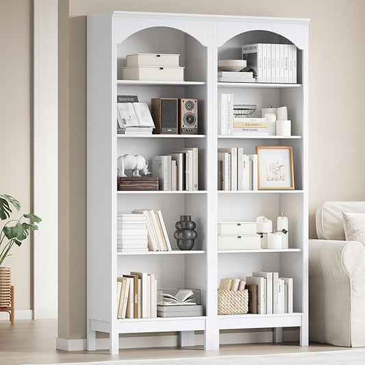 Arched Set of 2 Bookshelf with 5 Tier Open Shelves, 71" Tall Wood Bookcase with Adjustable Shelves, 24" Wide Floor Standing Display Storage Shelf for Home Office, Kitchen,Living Room, Modern White