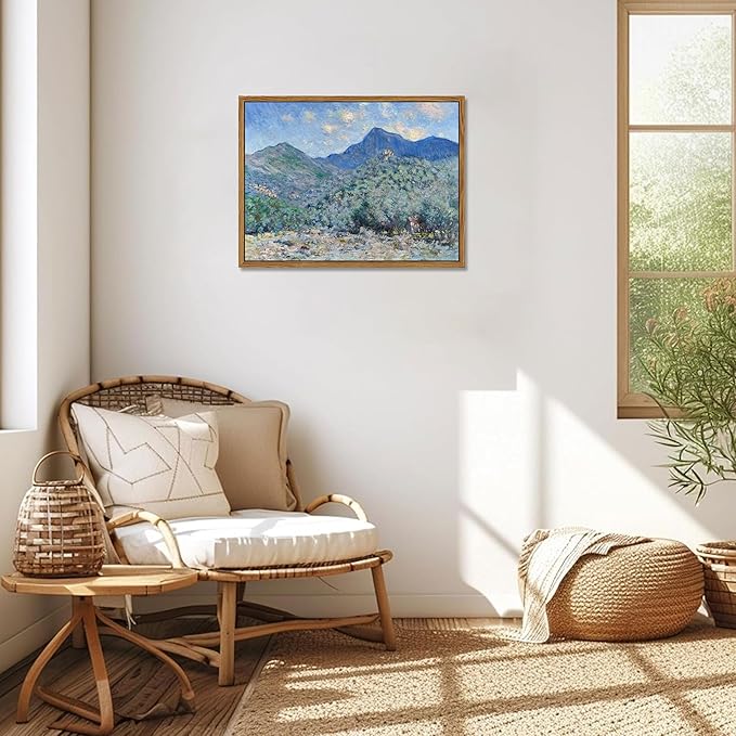 Vintage Framed Monet Wall Art – Impressionist Blue Green Forest Oil Painting Canvas Prints – Tranquil Nature Hillside Landscape Aesthetic Wall Decor for Living Room Bedroom Bathroom – 16"x24"