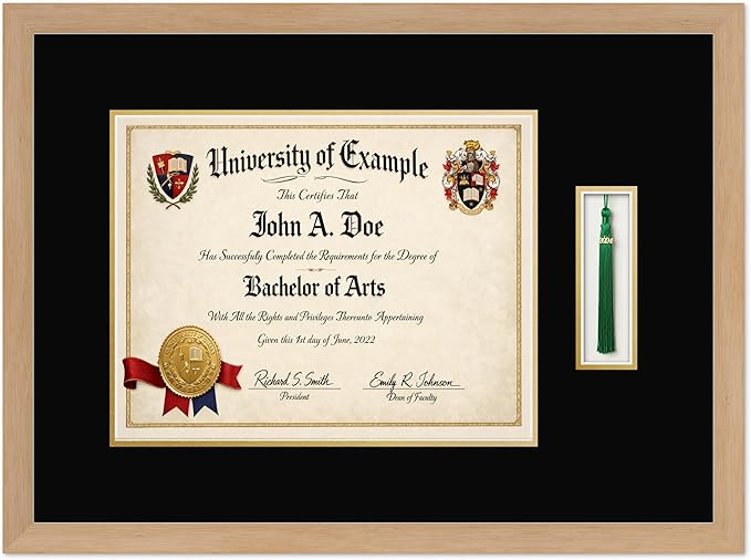CountryArtHouse Diploma and Tassel Frame Fits 14 x 11 College Diploma (Modern) with Tassel Hook Natural Wood Genuine Hardwood Shadowbox with Black Over Metallic Gold Double mat