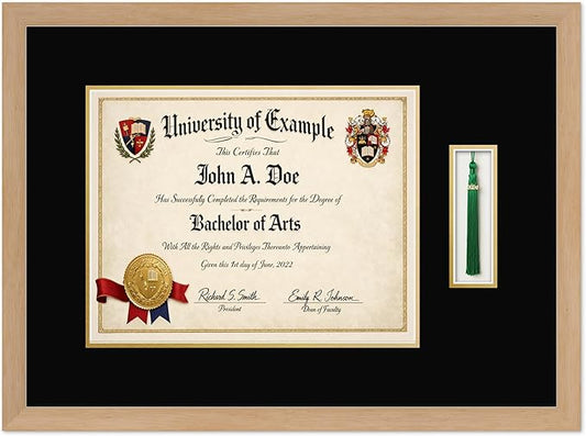 CountryArtHouse Diploma and Tassel Frame Fits 14 x 11 College Diploma (Modern) with Tassel Hook Natural Wood Genuine Hardwood Shadowbox with Black Over Metallic Gold Double mat