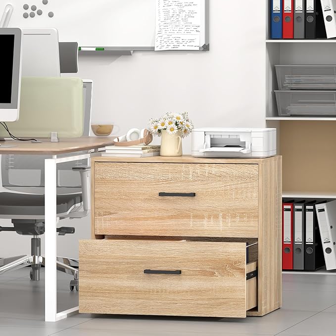 2 Drawer File Cabinet, Wood Lateral Filing Cabinet, Office File Cabinets for Letter/Legal Size, Printer Stand with Storage Drawer for Home Office, Oak