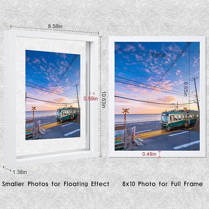MUYE 8x10 Floating Frame Set of 2,Double Real Glass Photo Frame for Wall Hanging or Tabletop Standing,Display Any Size Photo up to 8x10,White