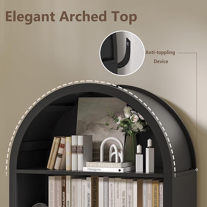 Tall Arched Bookshelf, 7-Tier Bookcase with 3 Adjustable Shelves, Modern Farmhouse Storage Shelf for Living Room, Entryway, Office, 29.5" W x 70.1" H x 13.8" D, Black