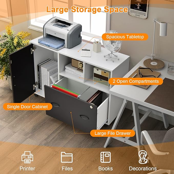 Lateral File Cabinet with Lock, Filing Cabinet for Legal/Letter/A4 Size Files, 40” Printer Stand with Open Storage Shelves for Home Office, Mobile File Cabinets on Wheels