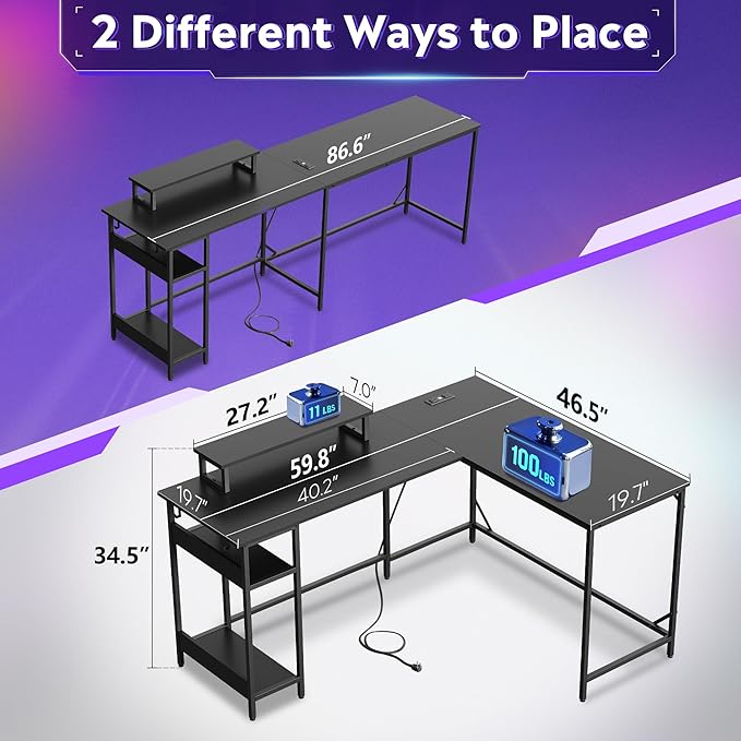 DEVAISE 60 Inch L Shaped Gaming Desk with LED Lights & Power Outlets, Corner Desk for Small Spaces, Sturdy PC Computer Table with Storage for Home Office, Black