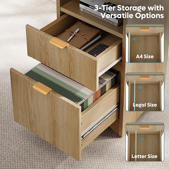 Bestier L Shaped Desk with File Drawer, 55.7" x 55" Office Computer Desk with Round Corners, Modern Desk with Monitor Stand & Fluted Panels for Home Office, Natural Oak
