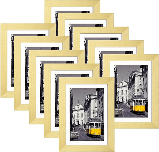 eletecpro 5x7 Picture Frames Set of 10, Gold Picture Frame Collage Wall Decor Displays 4x6 Photo With Mat or 5x7 without Mat, Home Decor Gallery Frame for Table Top or Wall Mounting, Gold