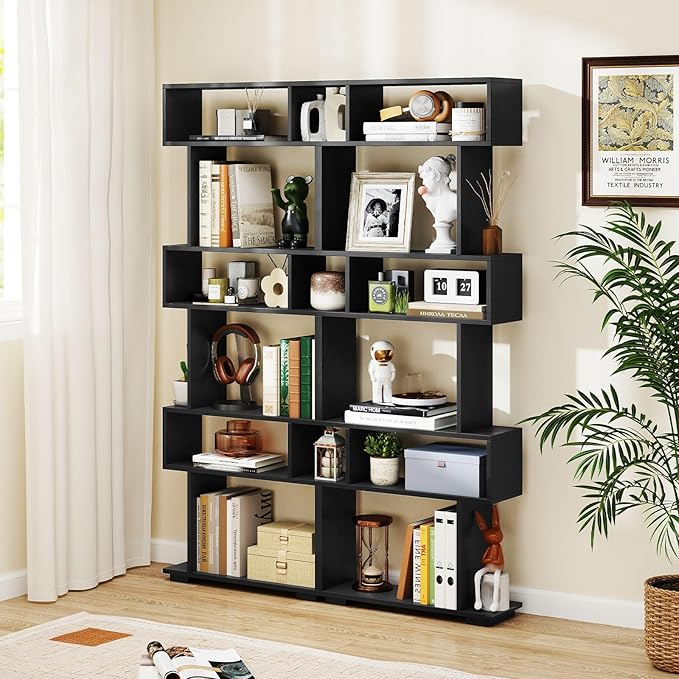 Giantex 6-Tier Geometric Bookshelf, S-Shaped Bookcase with 2 Anti-Tipping Kits, Wooden Display Shelf, Decorative Storage Shelving Unit, Home Storage Organizer for Office Living Room (1,Black)