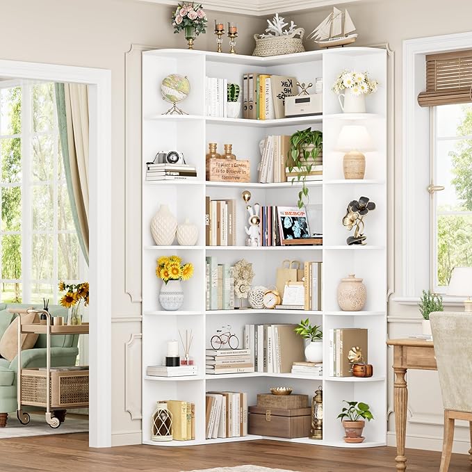 FOTOSOK 74” Tall Corner Bookshelf, 6-Tier Bookshelf and Bookcase with Open Storage, L Shaped Tall Bookcases Wooden Storage Shelves for Home Office, Thickened Boards for Better Load Bearing, White