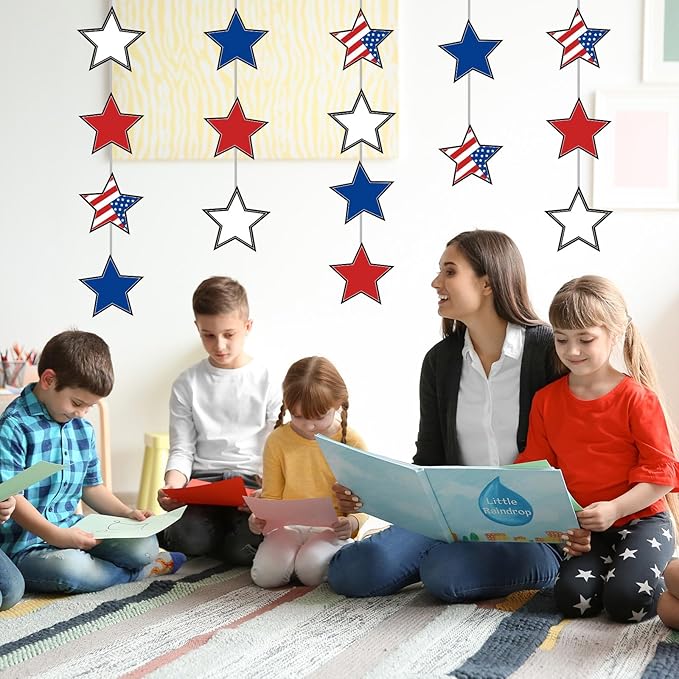 Whaline 60Pcs 4th of July Bulletin Board Decorations God Bless America Patriotic Star USA Map Cut-Outs Red White Blue Classroom Trim Border with Glue Point for Independence Day School Decor