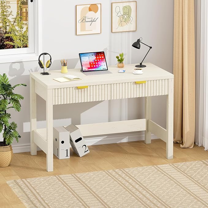 Fluted Computer Desk with 2 Drawers, 39 Inch Small Computer Desk with Storage, Compact Writing Study Vanity Desk for Small Spaces, White