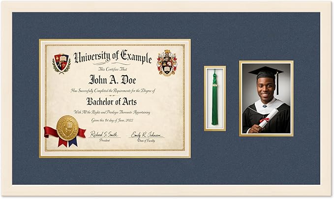 CountryArtHouse Diploma Tassel and Photo Shadowbox Fits 14 x 11 College Diploma (Modern) with Tas Coastal Whitewash Genuine Hardwood with Navy Blue Over Metallic Gold Double mat