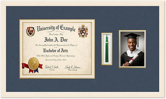 CountryArtHouse Diploma Tassel and Photo Shadowbox Fits 14 x 11 College Diploma (Modern) with Tas Coastal Whitewash Genuine Hardwood with Navy Blue Over Metallic Gold Double mat
