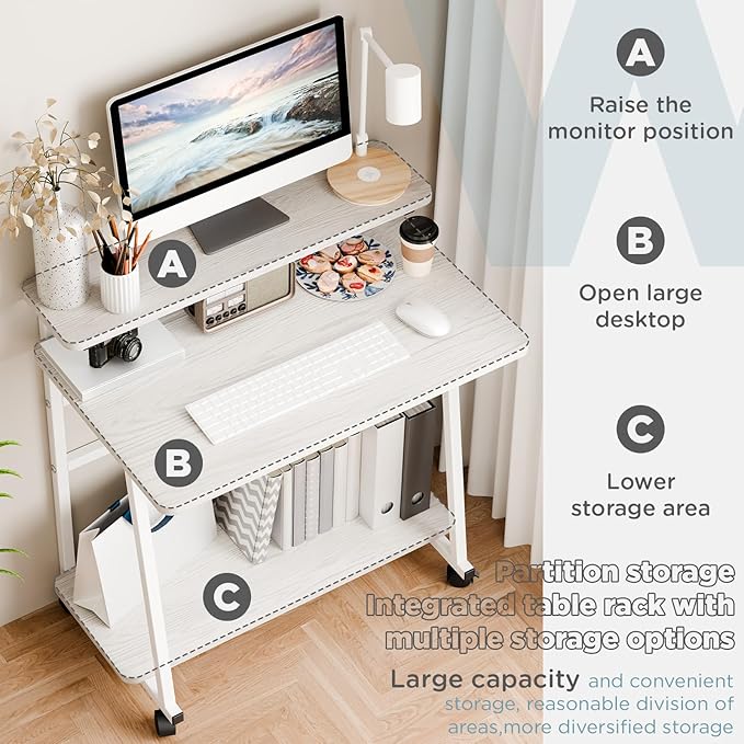 3 Tiers Rolling Computer Desk on Wheels, 80x50cm Small Computer Desk for Small Space, Work Office Desks with Monitor Stand, Student Writing Desks with Lockable Wheels (White)