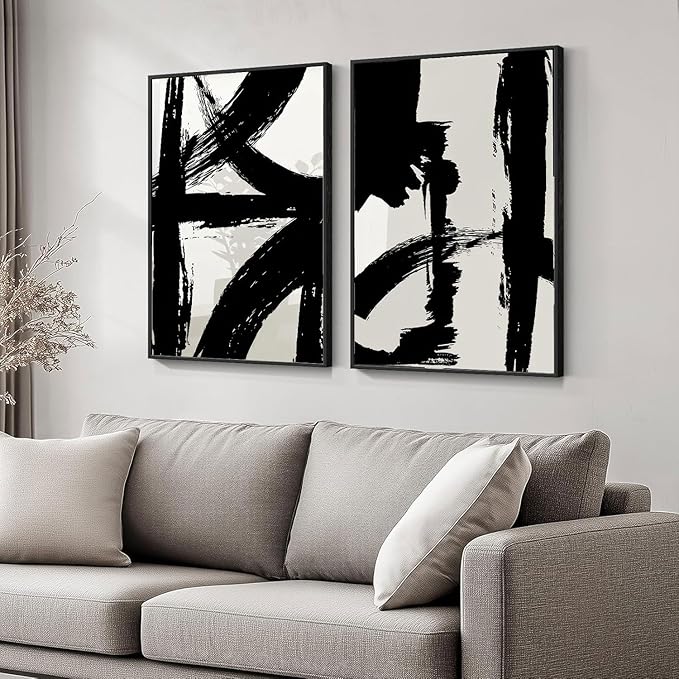 Set of 2 Framed Black and White Brush Stroke Canvas Wall Art Modern Abstract Minimalist Ink Line Painting Retro Mid-Century Geometric Poster Prints for Office Home Decor (16inx24in Framed)