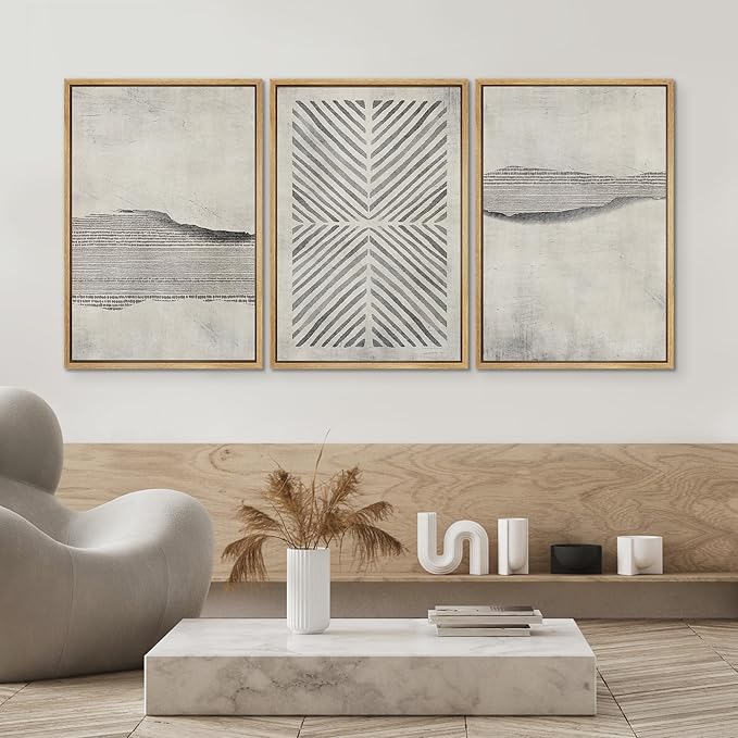 SIGNWIN Framed Canvas Print Wall Art Set Grunge Geometric Line Landscape Abstract Shapes Cozy Neutral Modern Art Decorative Boho Relax/Zen Nordic for Living Room, Bedroom, Office - 24"x36"x3 Natural