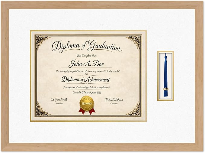 Diploma Frame with Tassel Holder Natural Wood Shadowbox Oyster Shell Over Gold Mat - Fits 14 x 11 Degree Made in the USA