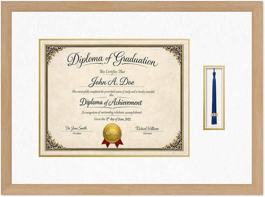 Diploma Frame with Tassel Holder Natural Wood Shadowbox Oyster Shell Over Gold Mat - Fits 14 x 11 Degree Made in the USA