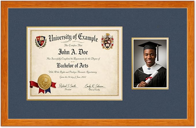 CountryArtHouse Fits 13 x 10 College Diploma (Traditional) and 5 x 7 Photo Diploma and Photo Frame Honey Oak Genuine Hardwood with Navy Blue Over Metallic Gold Double mat