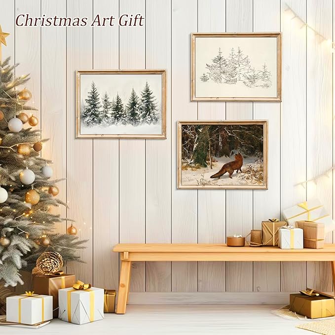 uniro Christmas Wall Art Prints, Vintage Christmas Decor, Rustic Winter Pine Forest Christmas Trees Canvas Art Prints Poster Painting, Farmhouse Christmas Forest Landscape Winter Art Picture Aesthetic for Bedroom Bathroom Living Room Office Decor (8" x...