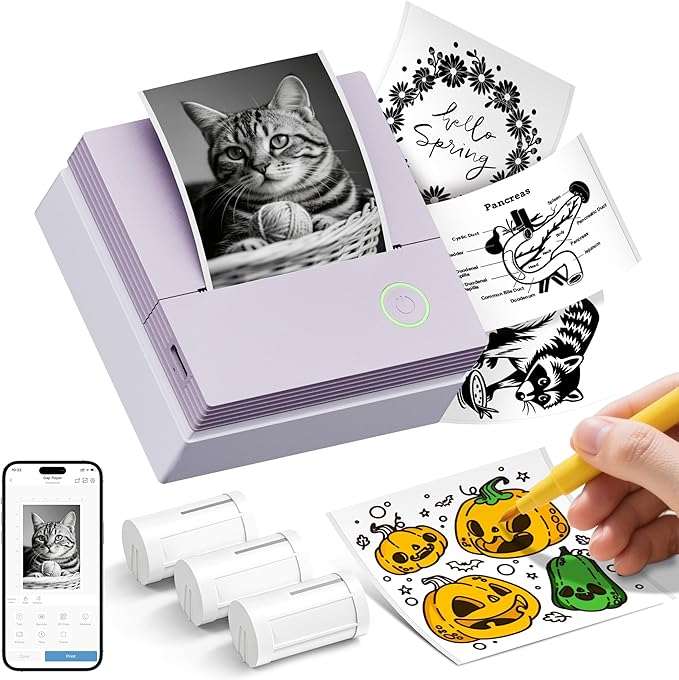 Sticker Printer, PM290C Portable Mini Printer, Inkless Bluetooth Sticker Maker with 3 Rolls Paper, Impresora Portátil for Notes, Journal, DIY, Gift, Print Pod for School/Office/Home, Purple
