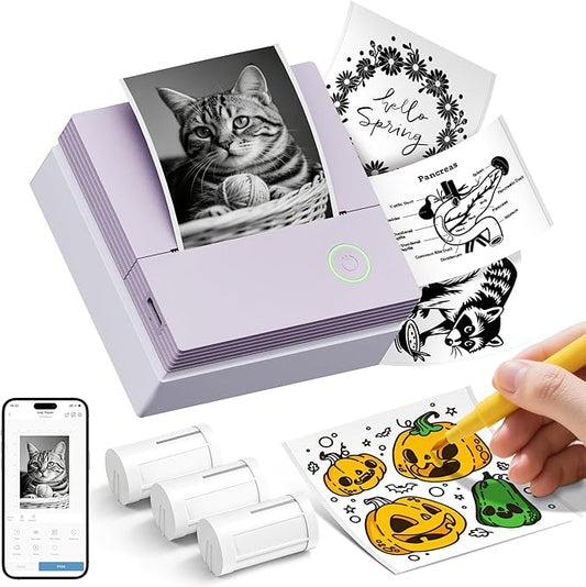 Sticker Printer, PM290C Portable Mini Printer, Inkless Bluetooth Sticker Maker with 3 Rolls Paper, Impresora Portátil for Notes, Journal, DIY, Gift, Print Pod for School/Office/Home, Purple