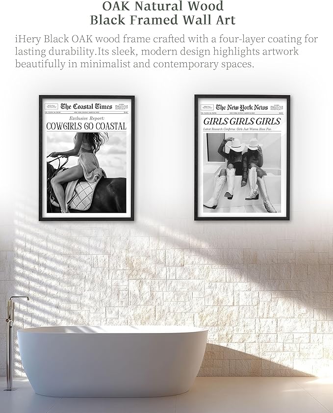 iHery Small Premium Natural Black OAK Wood 8x10in Girls Just Wanna Have Fun Trendy Framed Wall Art, Black and White Vintage Bar Car Canvas Wall Decor For Dorm Bedroom Living Room 1Pack