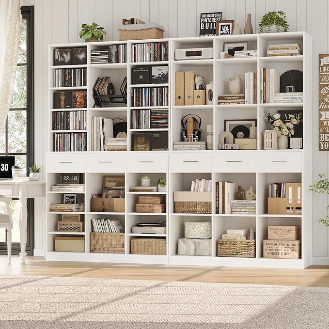 HOSTACK 75" Tall Book Shelf and Bookcase, 47" Wide Bookshelf with Drawers, Modern 9 Tier Bookcase with Storage, Large Wood Display Cabinet with Adjustable Shelves for Living Room, Home Office, White
