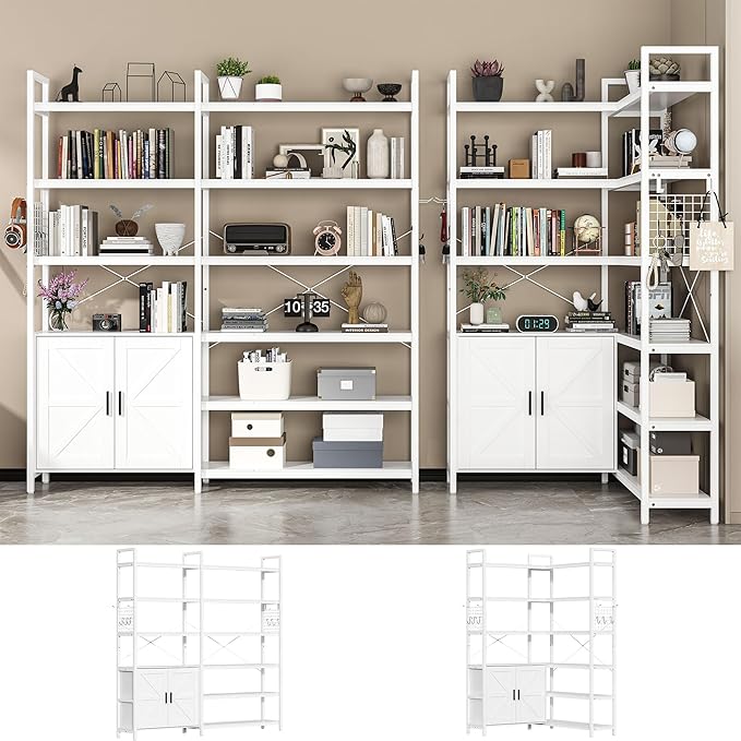 Semoic 6-tire Farmhouse White Corner Book Shelf with 2 Barn Doors and 10 Storage Shelves, 71.3" Tall Convertible Etagere Bookcase with Storage Cabinet, Large L Shaped Bookshelf for Living Room(White)