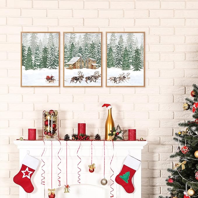 CHDITB Santa Claus Reindeer Sleigh Framed Canvas Wall Art(12"x16"), 3 Panels Christmas Winter Holiday Artwork Prints, Large Rustic Xmas Gift Snow Scene Forest Landscape Decor for Home Office Bedroom