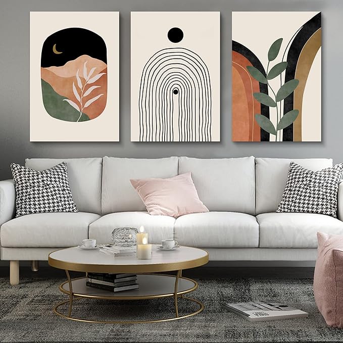 Boho Wall Art Set of 3 - Mid Century Modern Canvas Prints: Sun Moon Leaf Mountain, Neutral Abstract Geometric for Bedroom, Bathroom, Living Room, Office