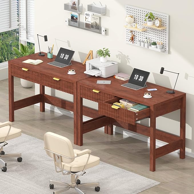 Fluted Computer Desk with 2 Drawers, 39 Inch Small Computer Desk with Storage, Compact Writing Study Desk for Small Spaces, Red Walnut