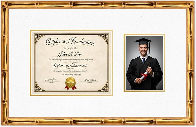 Diploma Frame With Photo Opening Gold Bamboo Oyster Shell Over Gold Mat - Fits 10 x 8 Degree and Picture Made in the USA