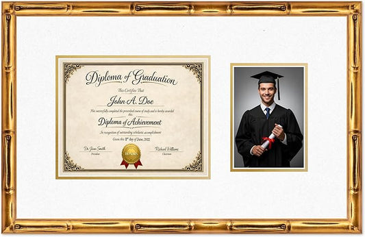Diploma Frame With Photo Opening Gold Bamboo Oyster Shell Over Gold Mat - Fits 10 x 8 Degree and Picture Made in the USA