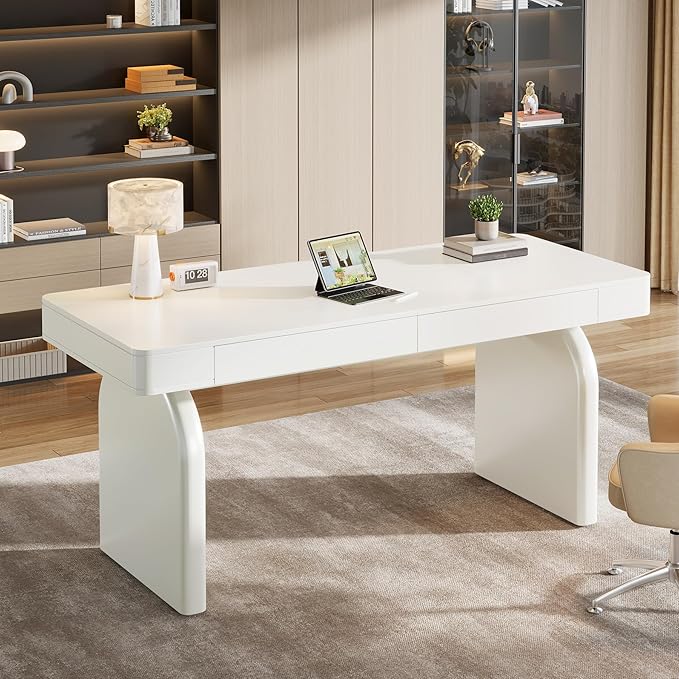 Tribesigns White Desk with Drawers, 63-Inch Modern Executive Office Desk, Glossy Elegant Work Study Desk Writing Table for Home Office, Cream White